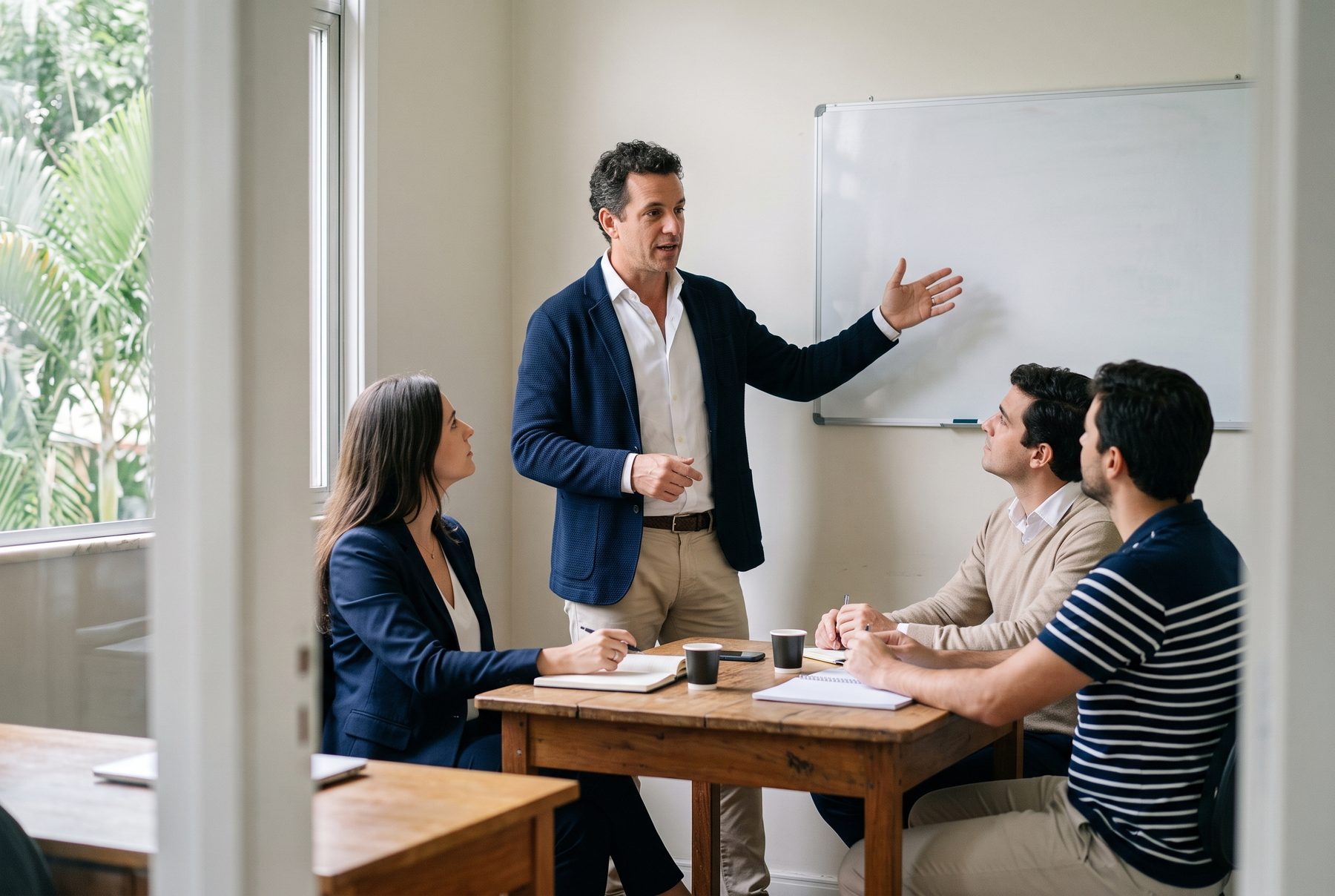 Consultor conduzindo uma reunião com o time de uma pequena empresa