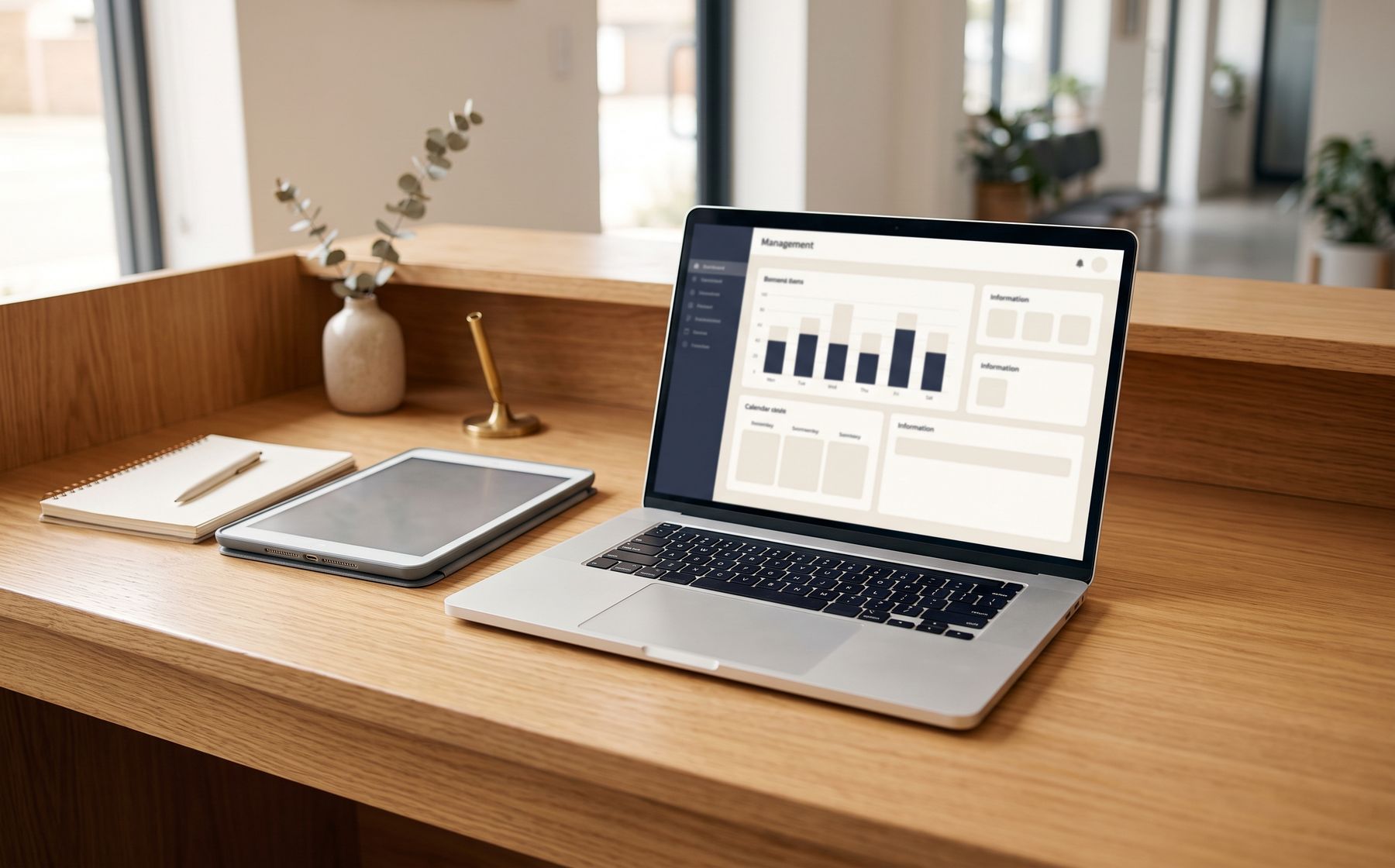 Notebook com painel de gestão sobre o balcão de uma recepção